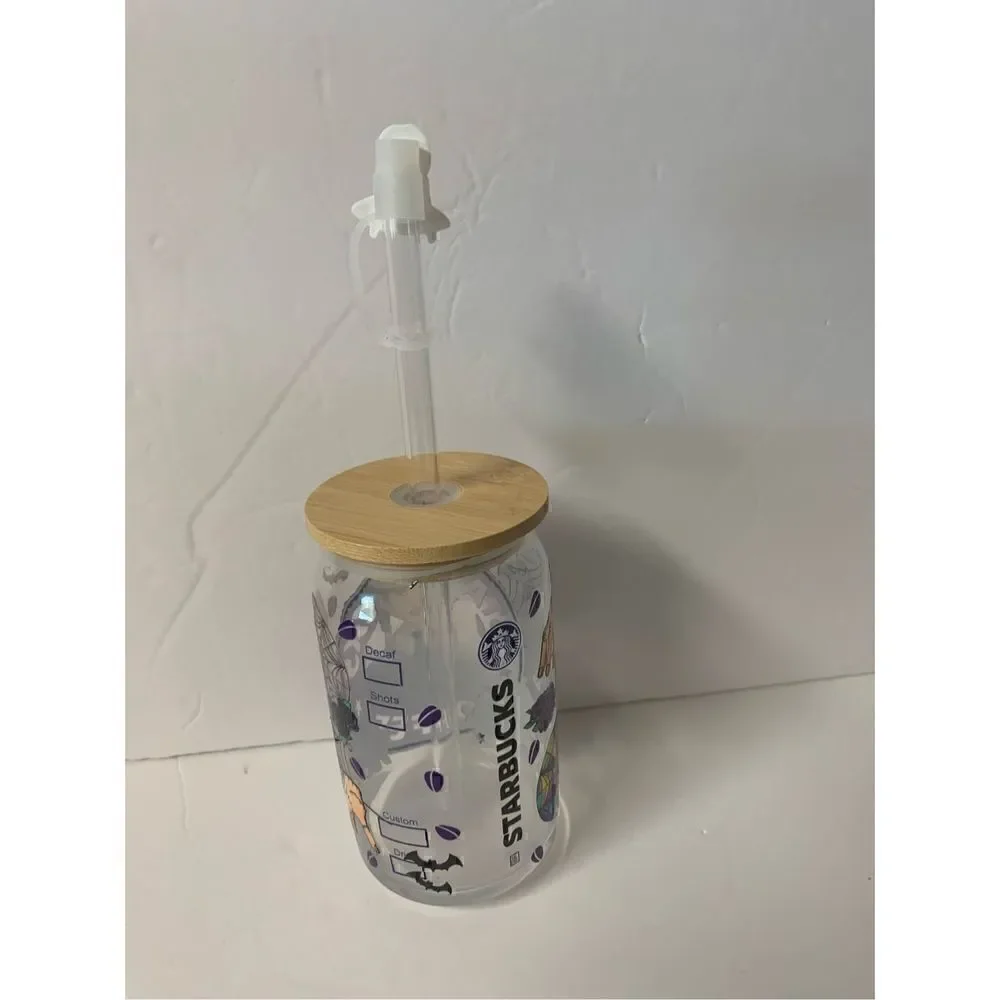 Handmade Beer can shaped glass cup with Bamboo lid, straw topper, Wednesday